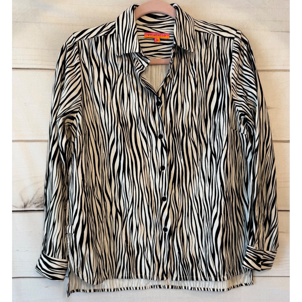 Vilagallo Zebra Print Button Down Shirt Black White Viscose Size 38 Long Sleeve